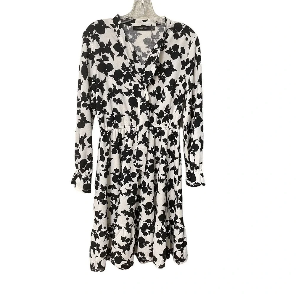Homeyee Womens Black White Floral‎ Long Sleeve V-Neck Tie Waist Dress Size 6 M